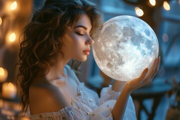 Naklejka premium Beautiful Woman Holding Circular Painting Of The Moon. Сoncept Dreamy Night Sky, Lunar Beauty, Artistic Portraits, Celestial Goddess