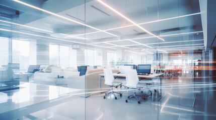 Interior of modern office with white walls, concrete floor, long white computer tables with white chairs and rows of white computer desks. Toned image double exposure blur
