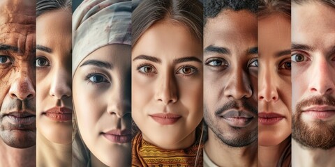 Obraz premium Diverse Collage Of Peoples Faces Representing Various Ethnic Communities, Symbolizing Diversity. Сoncept Abstract Landscape Paintings, Macro Photography Of Flowers, Candid Street Photography