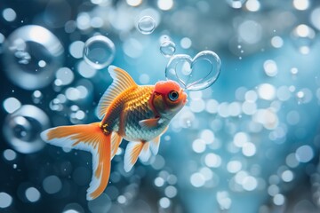 Fototapeta premium Goldfish Blows Heartshaped Bubbles In Its Tank. Сoncept Sports Photography, Wildlife Photography, Landscape Photography, Fashion Photography, Food Photography