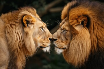 Lion And Lioness Nuzzle, Their Manes Forming Heart Shape. Сoncept Spectacular Wildlife Moments, Intimate Bonds In The Animal Kingdom