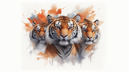 Striking Artistic Rendering of Three Bengal Tigers With Vibrant Watercolor Splashes