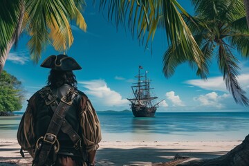 Pirate Captain Admires His Ship From Palmfringed Tropical Island. Сoncept Pirate Captain, Tropical...