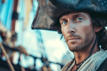 Pirate Clad Man With Hat, Against Boat Backdrop. Сoncept Pirate-Themed Photoshoot, Nautical Props, Adventure Portraits, Shipwrecked Setting