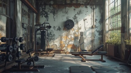 Old gym interior with equipment