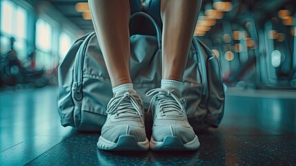 Person seated with legs crossed on a gym floor, next to a grey gym bag. - obrazy, fototapety, plakaty