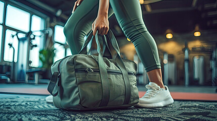 Close-up of a person picking up a large green gym bag on an indoor carpet.