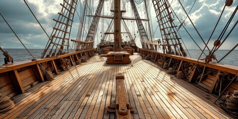 Fototapeta premium Thrilling Pirate Ship Deck, Blending History And Imagination. Сoncept Beach Bonfire, Sunset Silhouettes, Sandcastle Competition