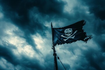 Torn Pirate Flag Bravely Flutters Amidst Tempestuous Sky, Creating Intrigue. Сoncept Abandoned...
