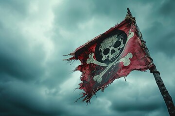 Torn Pirate Flag Bravely Flutters Amidst Tempestuous Sky, Creating Intrigue. Сoncept Mystical Forest, Sunrise At The Beach, Urban Street Art, Serene Waterfalls - obrazy, fototapety, plakaty