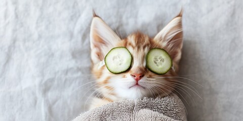 Adorable Spa Day For Kitten, Complete With Cucumber Eye Masks. Сoncept Animal Yoga Retreat, Relaxing Cat Massages, Zen Meditation For Dogs, Holistic Wellness For Pets