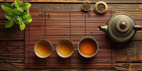 Elegant Asian Tea Set, Complete With Teapot, Cups, And Green Tea. Сoncept Vintage Floral Dresses, Romantic Sunset Beach Picnic, Vinyasa Yoga In Nature, Artistic Diptych Prints