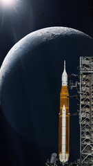 Artemis space program to research solar system. Orion spacecraft on launchpad on Moon background....