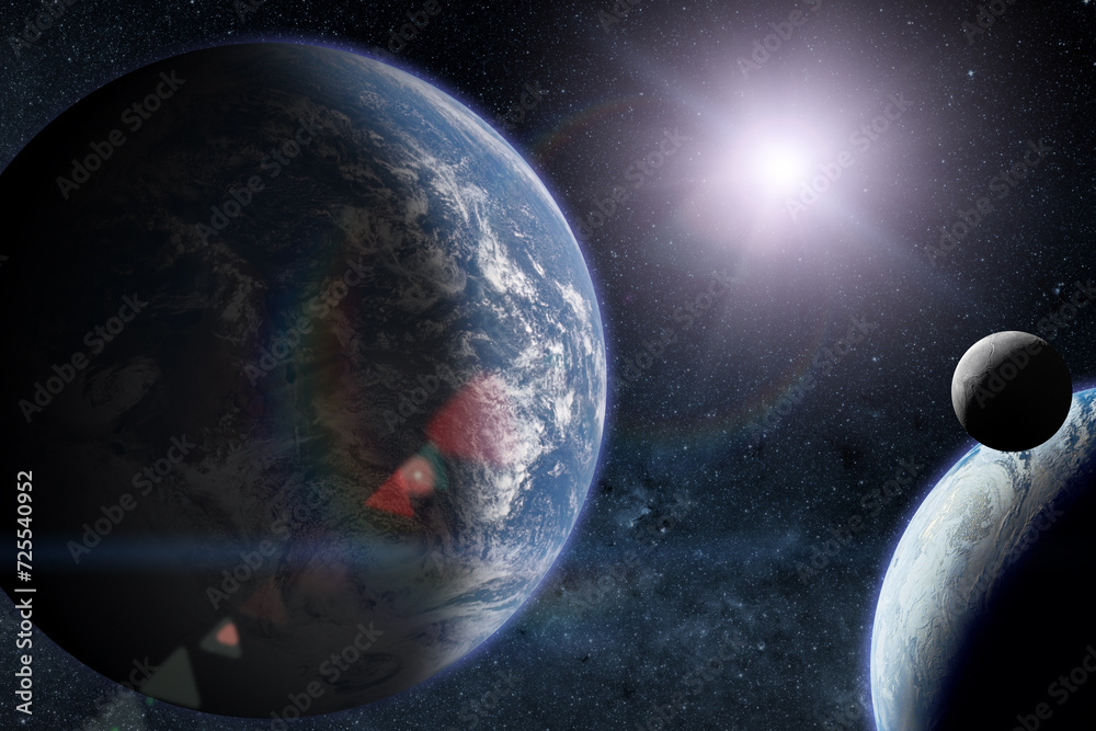 Wall mural alien planets with earth in the outer space. elements of this image furnished by nasa.