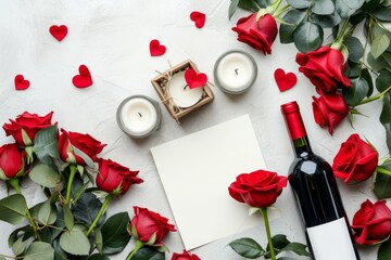 Blank Letter, Roses, Wine Bottle, Candles And Gift Box On White Background With Space For Text Valentines Day Celebration