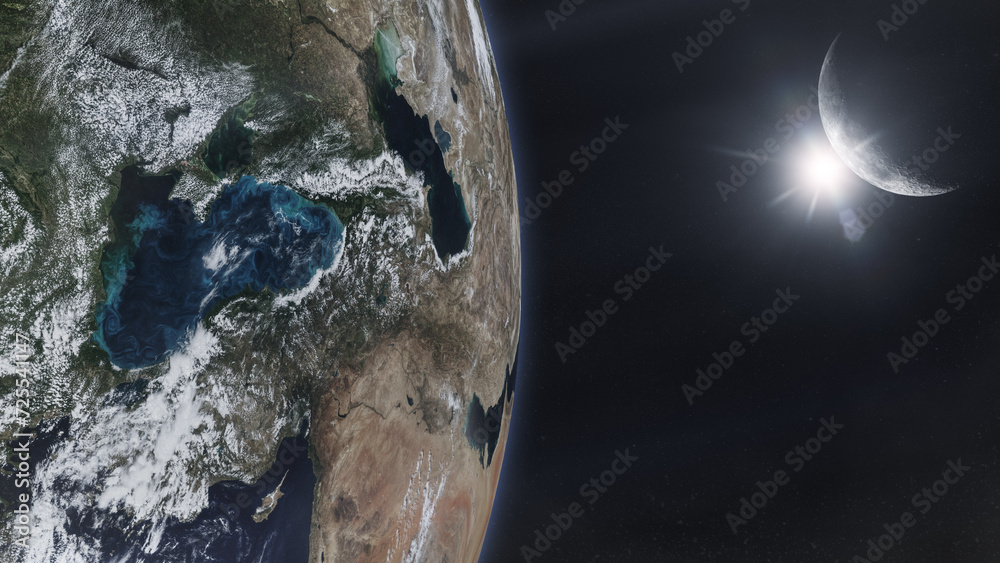 Wall mural earth planet in outer space with moon and sunlight. elements of this image furnished by nasa.