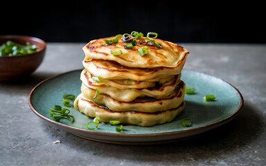 Capture the essence of Taiwanese Scallion Pancake in a mouthwatering food photography shot
