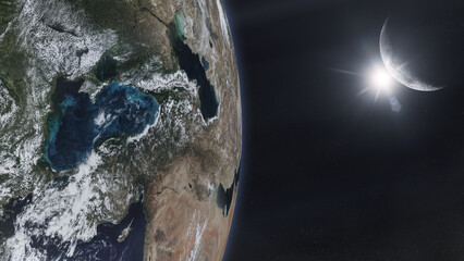 Earth planet in outer space with Moon and sunlight. Elements of this image furnished by NASA.