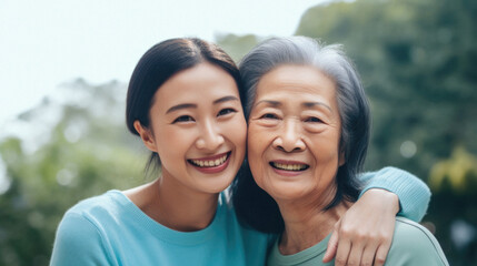 Asian mother and daughter hugging each other while standing in front of camera
