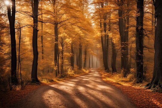 Beautiful autumn landscape with yellow trees and sun.