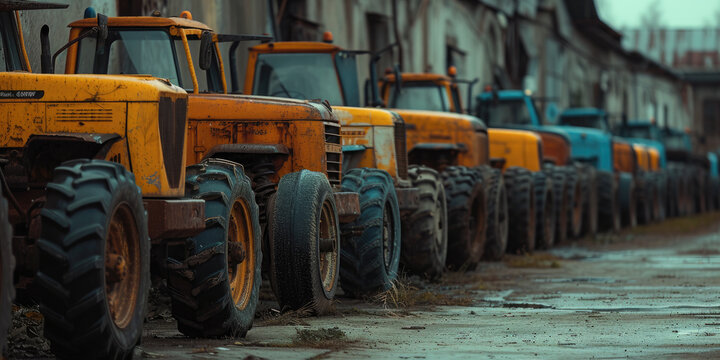 Experience the efficiency of modern farming with this image of tractors lined up in a parking lot. Perfect for conveying the organized and technological aspects of agriculture, this composition 