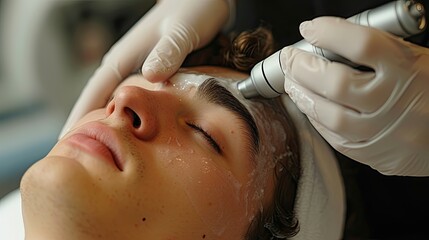 Beautician performing a microdermabrasion treatment on a man. - obrazy, fototapety, plakaty
