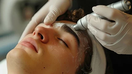 Poster Beautician performing a microdermabrasion treatment on a man. © AdriFerrer