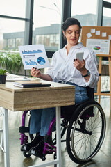 attractive disabled woman in stylish attire in wheelchair looking at phone while working with graphs