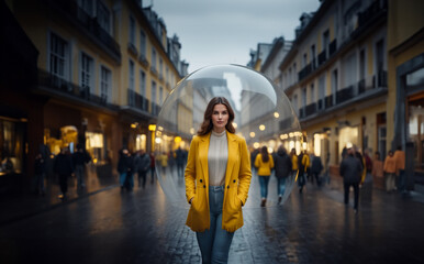 social isolation concept, woman in a glass ball in the city.