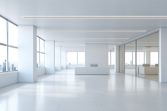 Interior of modern office with white walls, concrete floor, rows of white computer tables and large windows. 3d rendering mock up
