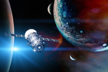 Alien planets. Spacecraft launch into space. Elements of this image furnished by NASA.