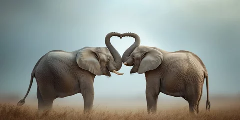  Elephants Intertwine Trunks, Creating Heart Shape. Сoncept Candlelit Dinner, Romantic Getaway, Sunset Beach Stroll, Love Letters © Anastasiia