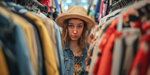 Fototapeta premium Fashionista Browsing Clothing Rack For Her Next Trendy Ensemble. Сoncept Fashion Trends 2022, Stylish Outfits, Mix And Match, Statement Accessories, Fashion Forward Looks