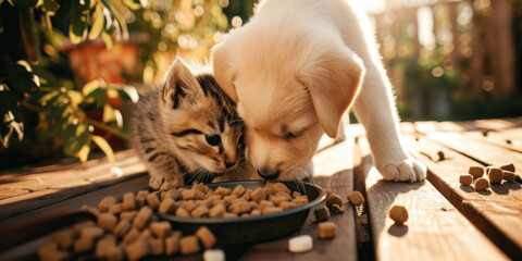 a puppy and a kitten are eating food in the garden in a sunny afternoon - obrazy, fototapety, plakaty
