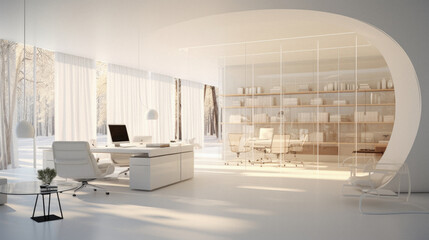 Modern office interior with panoramic windows.  Rendering
