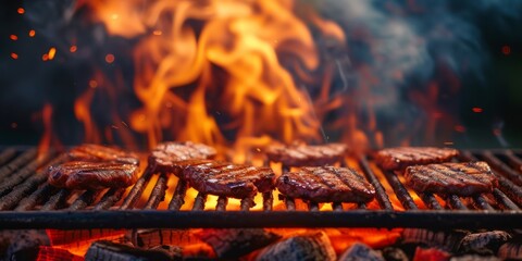 Outdoor Bbq Grill Sizzling Over Open Flame, Perfect For Grilling. Сoncept Outdoor Bbq, Sizzling Grills, Open Flame, Perfect For Grilling, Mouth-Watering Dishes
