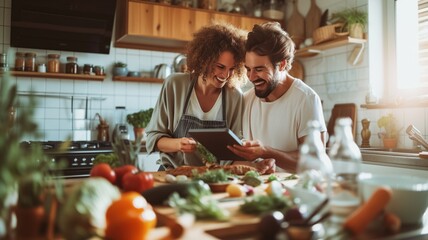 couple in a cozy kitchen looking at a tablet and laughing together, perhaps looking for recipes or cooking together, conveying a sense of warmth and happiness.