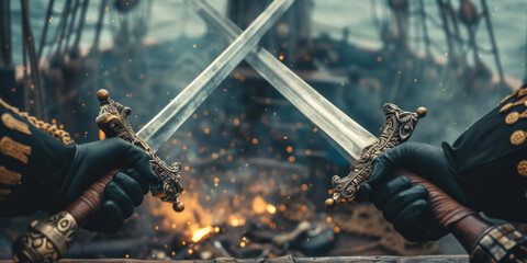 Pirates Wage Fierce Battle For Treasure And Land Amid Clashing Swords And Booming Cannons. Сoncept Epic Pirate Adventure, Battle For Treasure, Sword Fight Spectacle, Explosive Cannon Warfare