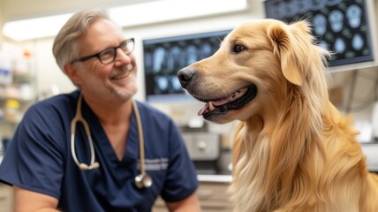 smiling male veterinarian with a stethoscope around his neck looks at a happy golden retriever dog in a veterinary clinic.