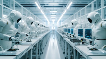 futuristic scene of a factory floor filled with white robots at workstations, suggesting an automated production line.