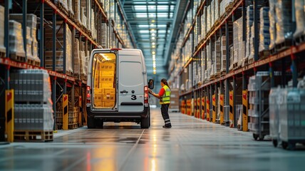 Naklejka premium worker in a warehouse, standing next to a van loaded with boxes. The warehouse is spacious with tall shelves filled with goods.