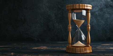 Race Against Time Hourglass Fading On Table, Amidst Dark Backdrop. Сoncept Mysterious Hourglass,...