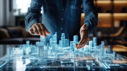 architect interacting with a holographic projection of a futuristic cityscape symbolizing concepts such as urban planning, smart cities and advanced technologies in city management.