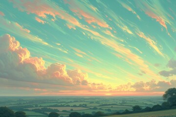 Landscape painting of rolling hills in the countryside with a beautiful sunset and clouds