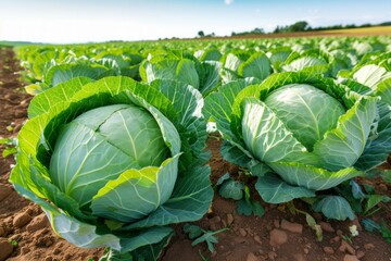 Obraz premium Close-up of green cabbages growing in a field