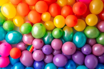 Fototapeta na wymiar A wall of rainbow-colored balloons.