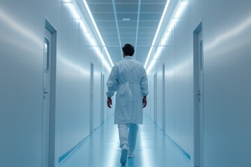 Scientist In Lab Coat Walks Down Hallway, Ready To Make Discoveries. Сoncept Scientific Research, Lab Experiments, Breakthrough Discoveries, Innovative Technologies, Cutting-Edge Innovations