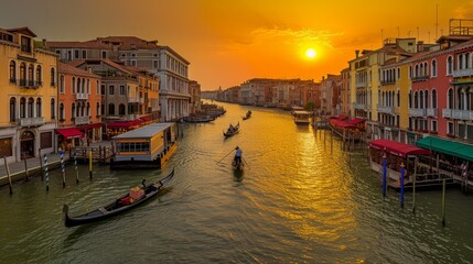 Gondola ride along the Grand Canal in Venice, Italy at sunset - obrazy, fototapety, plakaty