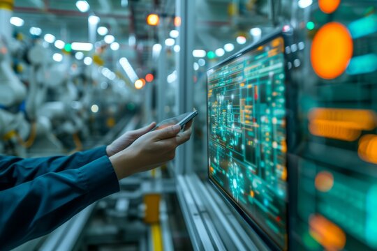 Engineer analyzing production data on a digital screen in a smart factory