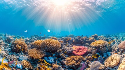 Fototapeta na wymiar Underwater coral reef with many types of fish swimming around
